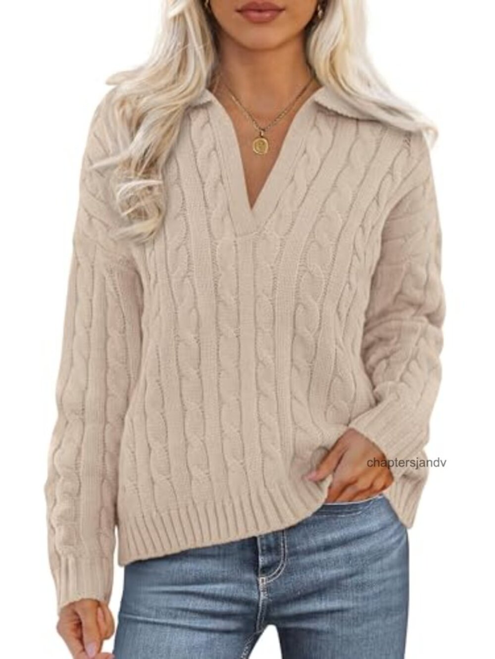 Oversized Cable Knit V Neck Sweater Drop Shoulder Pullover